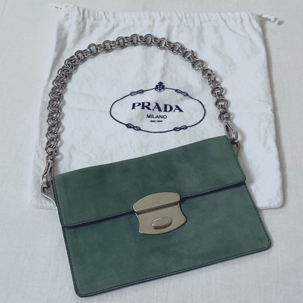 PRADA Camoscio Suede Metal Sound Bag Green